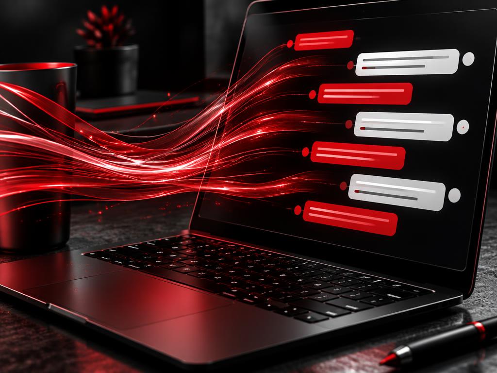 Rote Impulse und Chat-Verläufe auf einem Laptop als Motiv für die Prompt-Bibliothek